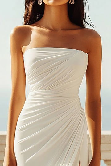 Strapless Ivory Sheath Engagement Dress with Slit